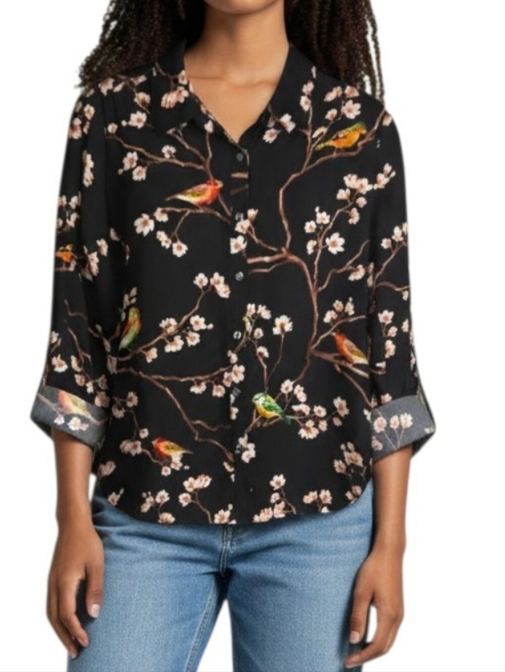 Dennis Basso Floral Beaded Parrot Bird Print Button Down Shirt